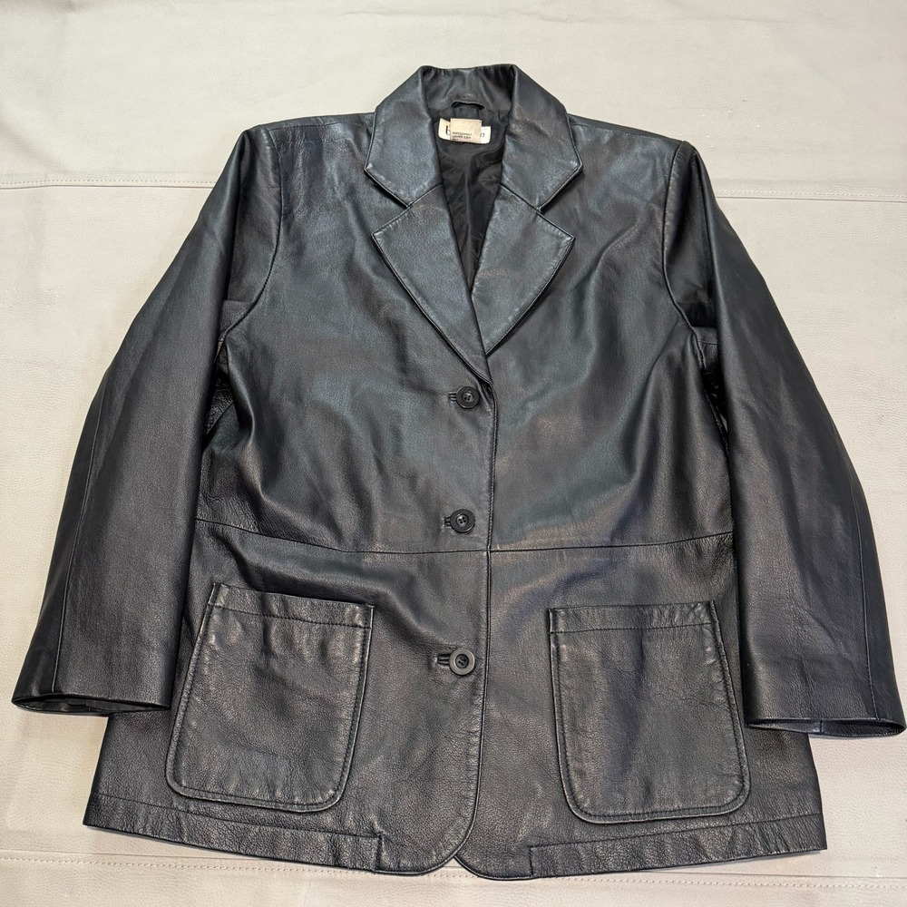 VTG Bagatelle Black Leather‎ Blazer Jacket Overcoat Emo Grunge Pockets Women 14